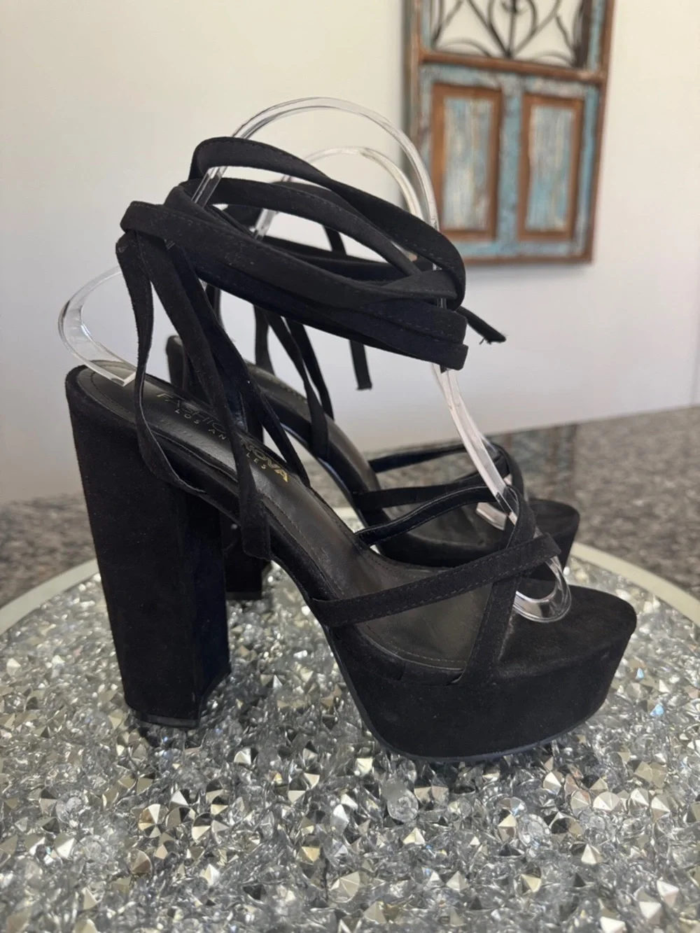 Fashion Nova Black Strappy Lace around ankle Platform Heels